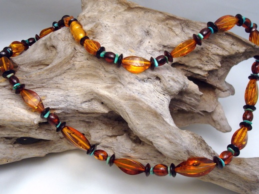 Necklace Almonds Cognac Short, with Turqoise: click to enlarge